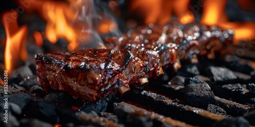Juicy BBQ meat cooking over hot coals, smoky and flavorful, closeup, tender and delicious, highresolution image, isolated background, copy space