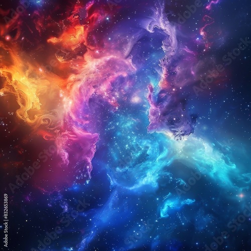 A vibrant and colorful nebula in outer space, showcasing swirling clouds of gas and dust in hues of orange, pink, purple, and blue, against a backdrop of countless stars.