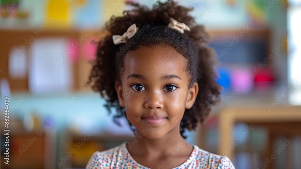 Portrait of cute african american schoolgirl in classroom at school Portrait of cute african american schoolgirl in classroom at school