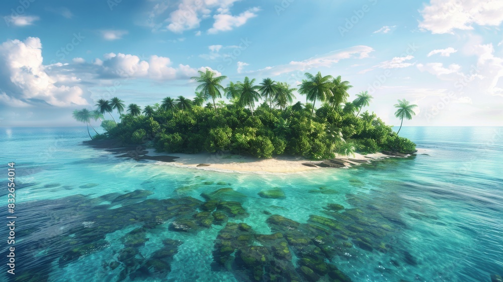 Fototapeta premium Lush greenery adorns a tranquil tropical island surrounded by crystal-clear waters