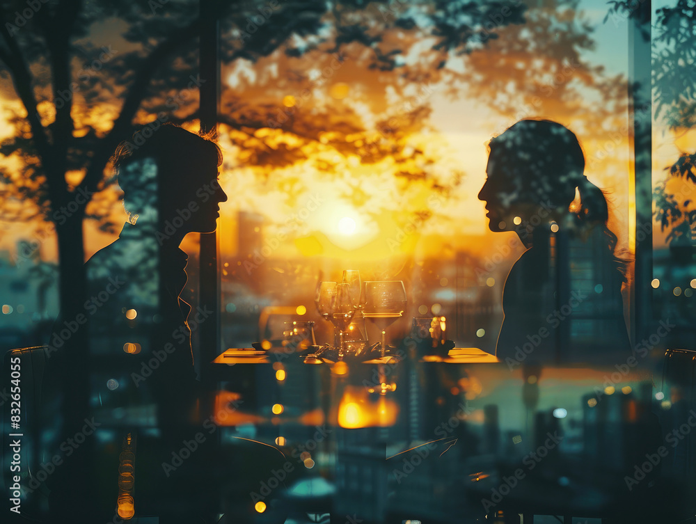 Silhouettes of two people talking at a table with a cityscape and sunset in the background. Silhouettes of two people talking at a table with a cityscape and sunset in the background.