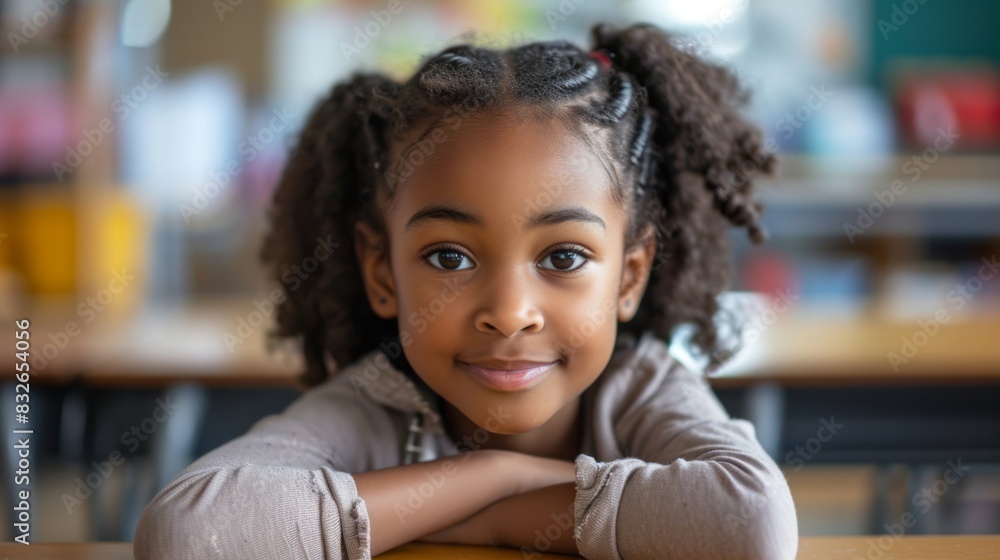 Portrait of cute african american schoolgirl looking at camera in classroom Portrait of cute african american schoolgirl looking at camera in classroom