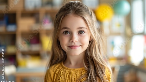 Wallpaper Mural Portrait of cute little girl with long blond hair, looking at camera, smiling. Adorable little child in yellow sweater indoors. Childhood, happiness, joy concept Torontodigital.ca