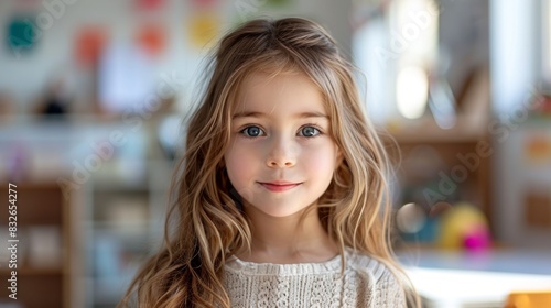 Portrait of cute little girl smiling at camera in classroom at school