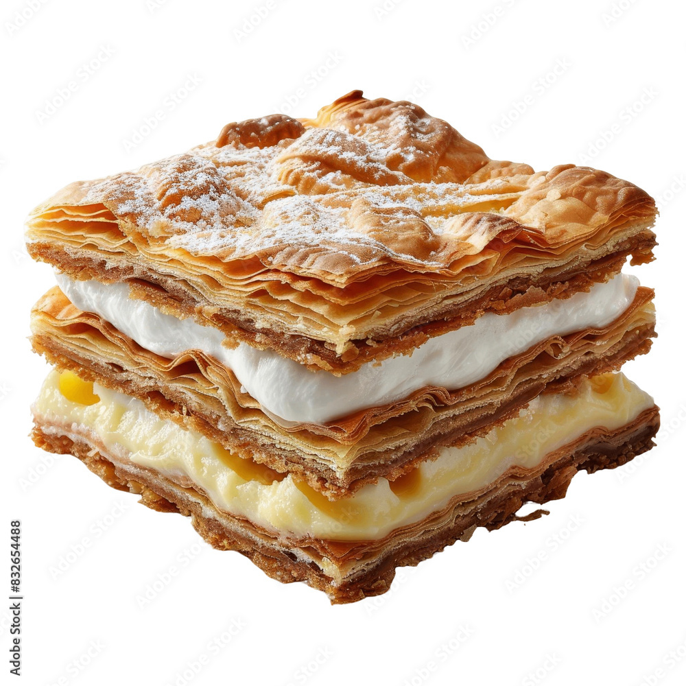 A delicious Napoleon pastry with layers of flaky puff pastry, creamy custard, and powdered sugar. Perfect for desserts and bakery themes. A delicious Napoleon pastry with layers of flaky puff pastry, creamy custard, and powdered sugar. Perfect for desserts and bakery themes.