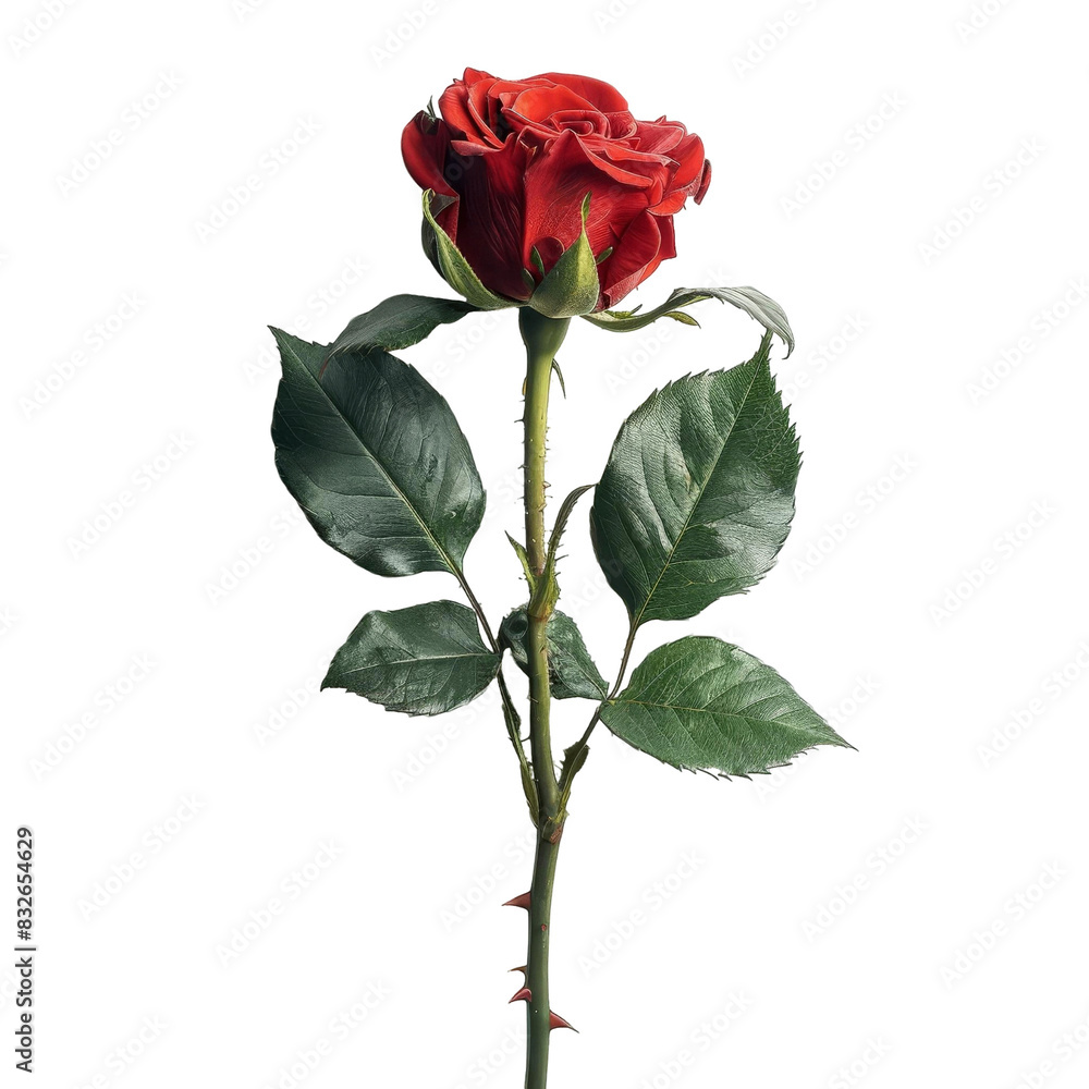 A vivid red rose with lush green leaves stands out against a white background. Perfect for romantic and nature-themed designs. A vivid red rose with lush green leaves stands out against a white background. Perfect for romantic and nature-themed designs.