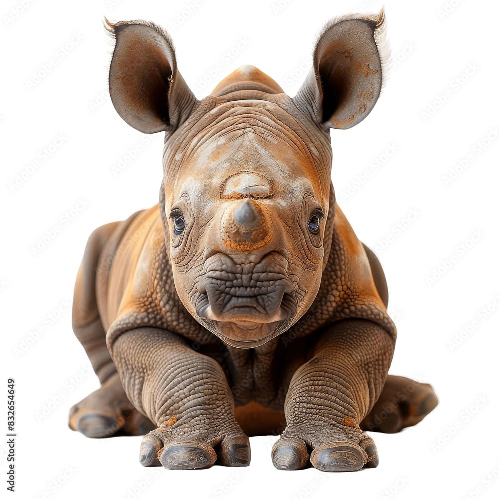 Adorable baby rhino lying down, isolated on white background. Perfect for wildlife, nature, conservation themes in stock photography. Adorable baby rhino lying down, isolated on white background. Perfect for wildlife, nature, conservation themes in stock photography.