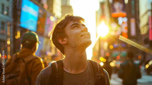 A young man is smiling and looking up at the sun