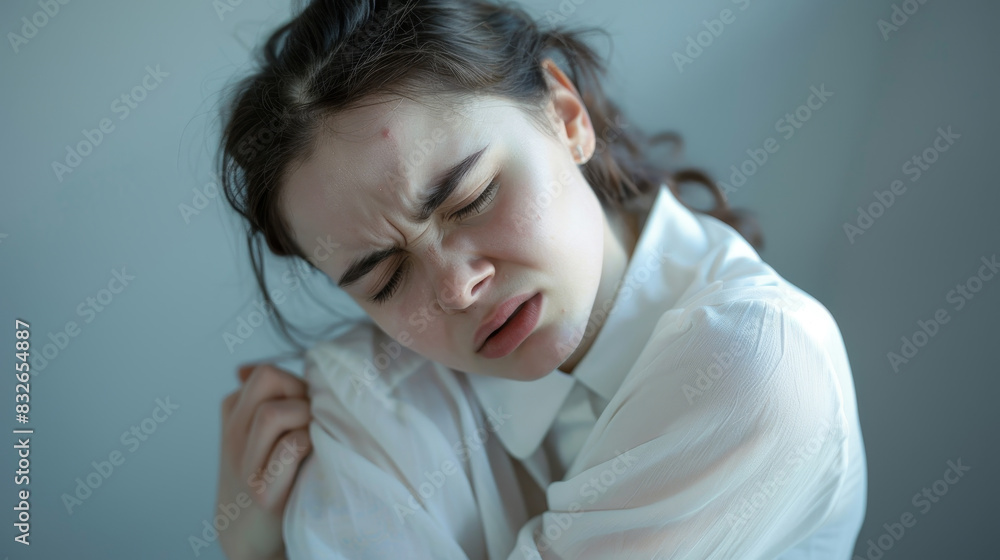 Fototapeta premium A woman is wearing a white shirt and appears to be in pain