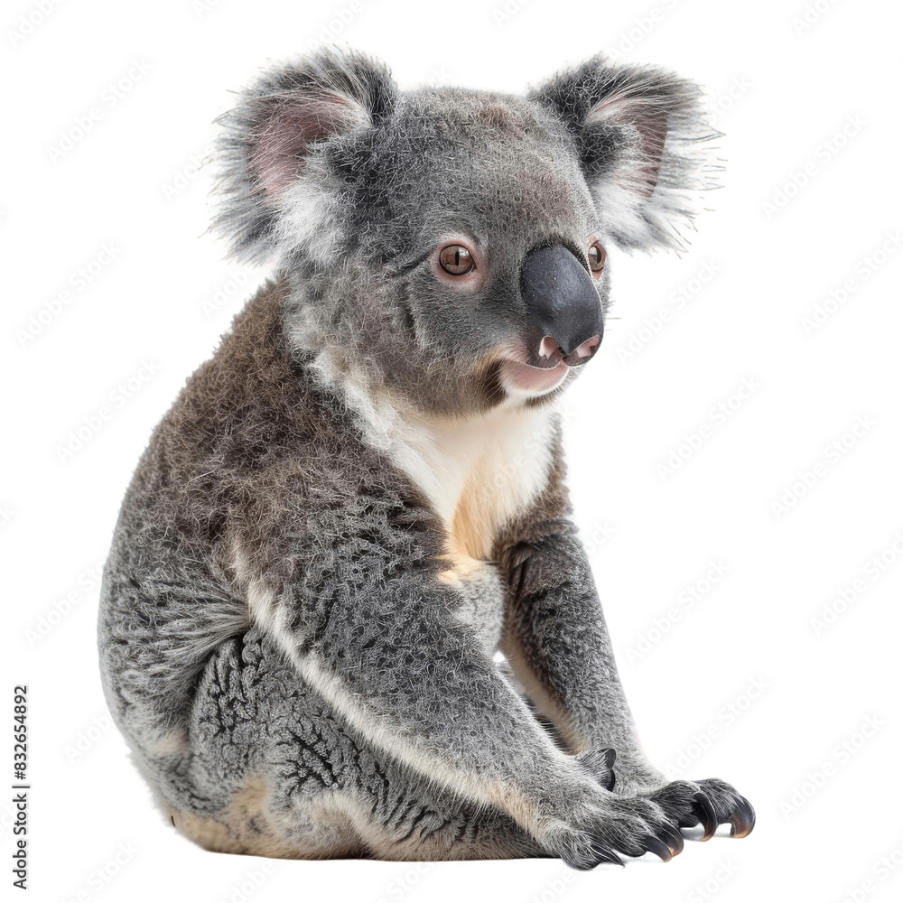 Naklejka premium Adorable koala sitting and looking curious, isolated on white background. Perfect for wildlife and nature-themed projects.