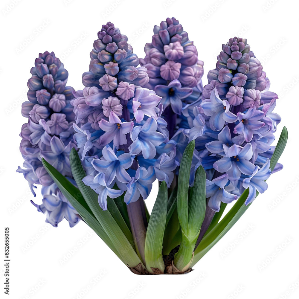 Fototapeta premium Beautiful close-up of vibrant blue hyacinth flowers in bloom, isolated on a white background, showcasing nature's elegance and detailed texture.