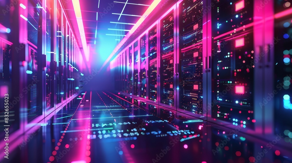 Obraz premium Advanced AI creating visual art in a glowing server room, highlighting technological progress, copy space, modern computing