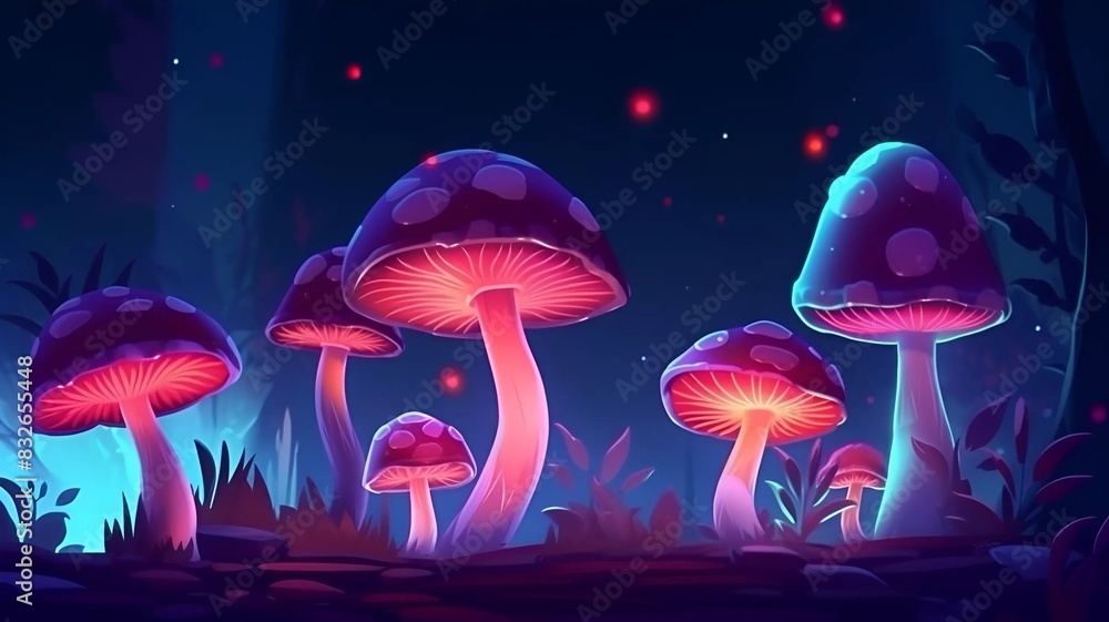A pretty clearing with large neon mushrooms mushrooms. Neon mushrooms. A pretty clearing with large neon mushrooms mushrooms. Neon mushrooms.