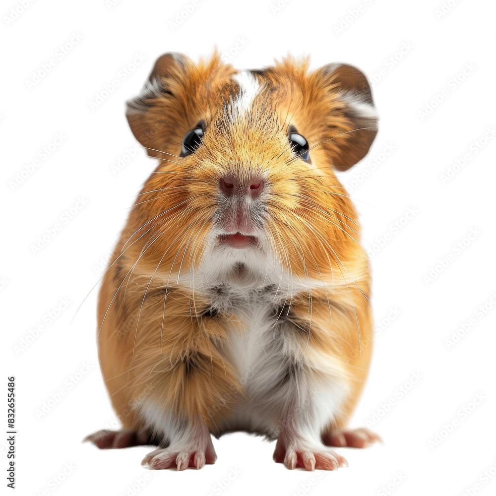 Close-up of a cute brown hamster with white patches, looking directly at the camera against a white background. Close-up of a cute brown hamster with white patches, looking directly at the camera against a white background.