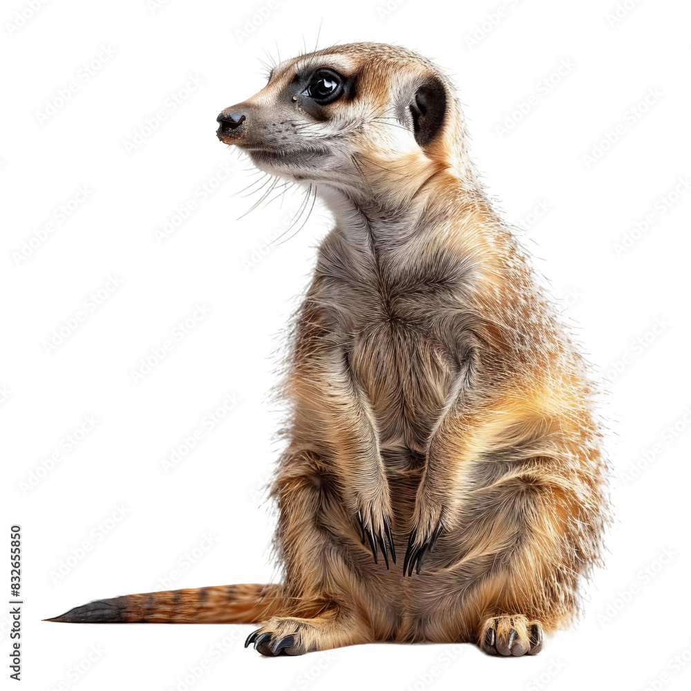 Close-up photo of a meerkat standing on its hind legs in an alert pose ...