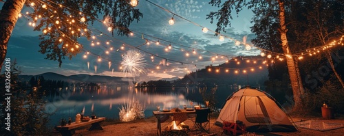 Group of friends camping by a lake, enjoying a barbecue on Fourth of July, vibrant fireworks display, patriotic decorations, evening setting, copy space