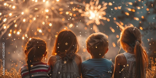 Group of children with Stars and Stripes flags, excitedly watching fireworks on Fourth of July, festive and patriotic atmosphere, night sky bursts with color, copy space