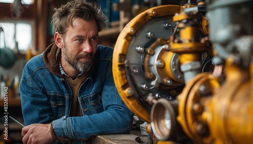 Pensive man leaning on industrial equipment