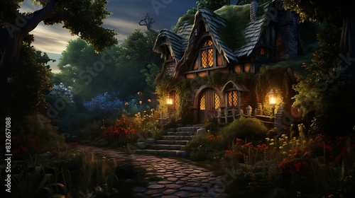 Witch's Cottage in a Dark Forest: Thatched roof, herb garden, and mystical symbols on the door. © Tayyab