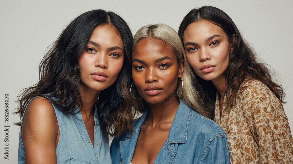 Three stylish women of diverse backgrounds pose gracefully and confidently, exuding friendship and unity as they smile for the camera Three stylish women of diverse backgrounds pose gracefully and confidently, exuding friendship and unity as they smile for the camera