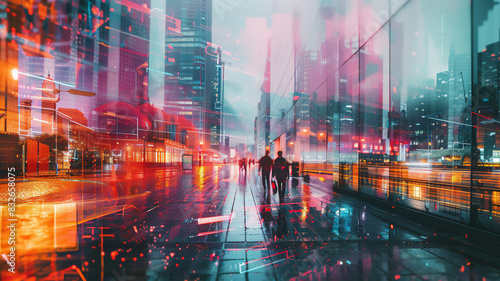 modern metropolises  processed in cyberpunk style using digital effects and filters. double exposure city and people.