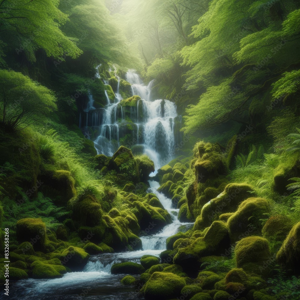 A serene forest scene featuring a cascading waterfall surrounded by lush green foliage and moss-covered rocks, creating a tranquil and enchanting atmosphere.. AI Generation A serene forest scene featuring a cascading waterfall surrounded by lush green foliage and moss-covered rocks, creating a tranquil and enchanting atmosphere.. AI Generation
