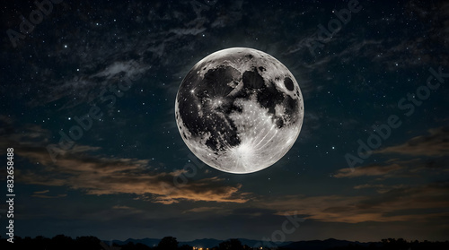 A HD_ Photo of amajestic full moon hanging low in the night sky, surrounded by twinkling stars photo