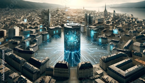 A digital illustration of a futuristic city with a central cylindrical structure, interconnected by glowing circuits, representing a networked infrastructure. photo
