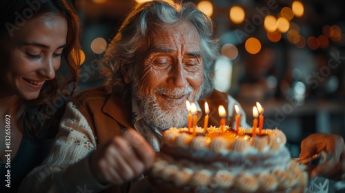 happy Caucasian grandfather 70-79 years old blows out the candles on his birthday cake in the presence of his grandchildren