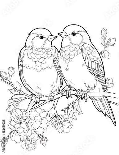 Birds Sitting on a Branch, summer birds coloring pages for kids and adults