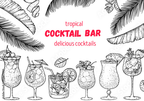 Alcoholic cocktails frame. Hand drawn vector illustration. Tropical Cocktails sketch set. Engraved style.
