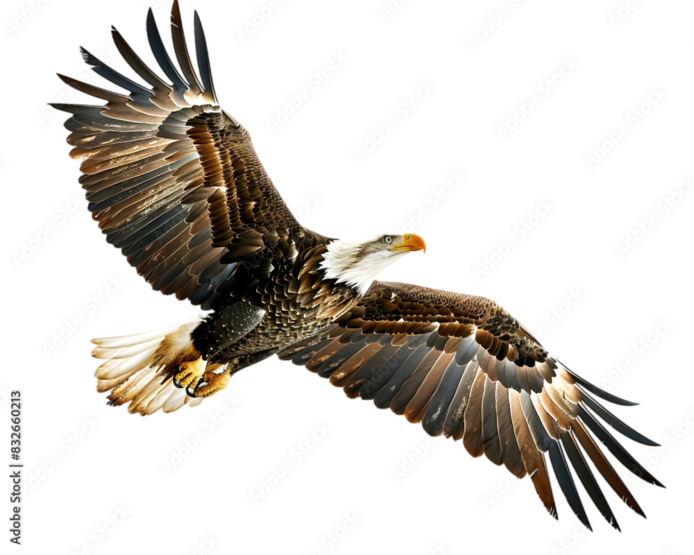 Obraz premium Bald eagle in flight symbol of freedom on transparent background