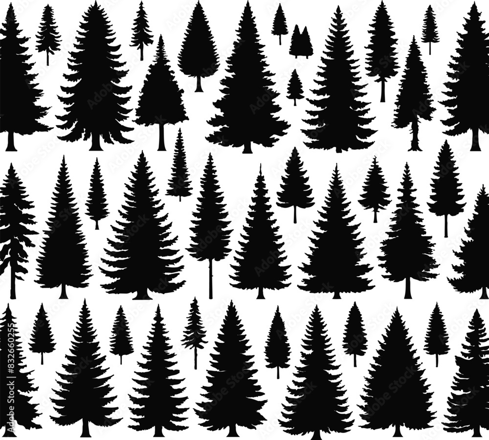 Obraz premium Pine tree silhouettes. Evergreen forest firs and spruces black shapes, wild nature trees templates. Vector illustration of woodland trees set on a white background design.