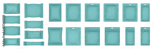 Set of realistic pouch mockups. Teal green flow pack, sachet, zip bag. Soap wrapper. Sheet mask sachet. Soap or wet wipes packaging. Sugar stick