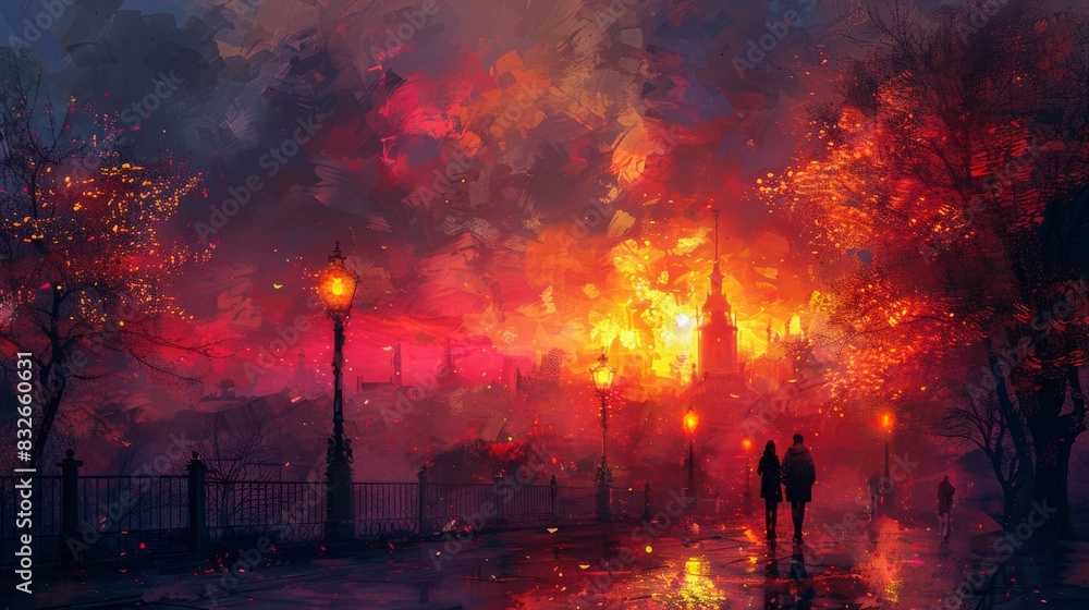 Obraz premium Couple walks through a vibrant, mystical cityscape at dusk