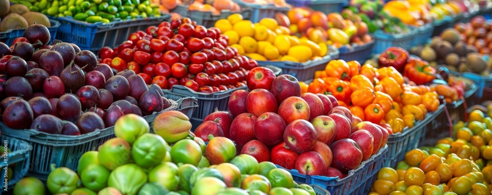 Colorful array of fresh fruits and vegetables at a local farmer's market Colorful array of fresh fruits and vegetables at a local farmer's market