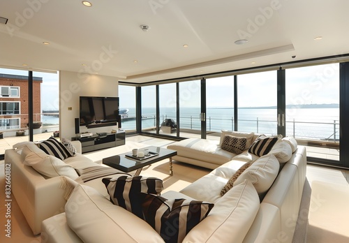 A modern living room with a white sofa and black and brown striped cushions, large glass windows on the right side of the wall overlooking the sea in an English town centre