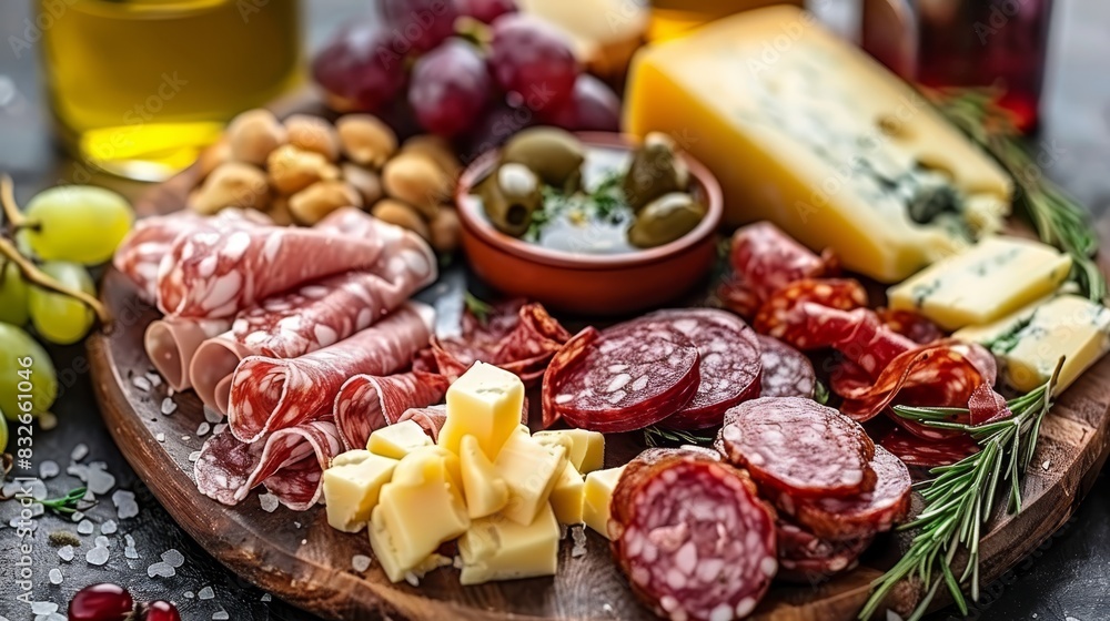 A platter holds meats, cheeses, and olives on the table Nearby, a bottle of olive oil and a bowl of olives wait A platter holds meats, cheeses, and olives on the table Nearby, a bottle of olive oil and a bowl of olives wait