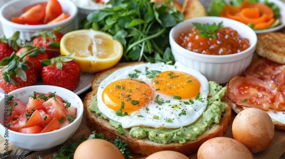eggs, tomatoes, avocado, and various other foodstuffs artfully arranged on a cutting board eggs, tomatoes, avocado, and various other foodstuffs artfully arranged on a cutting board