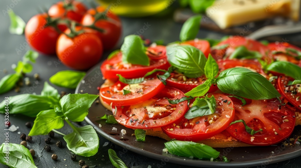tomatoes, basil, cheese, and olives Nearby, a knife and assorted foods rest on the table tomatoes, basil, cheese, and olives Nearby, a knife and assorted foods rest on the table