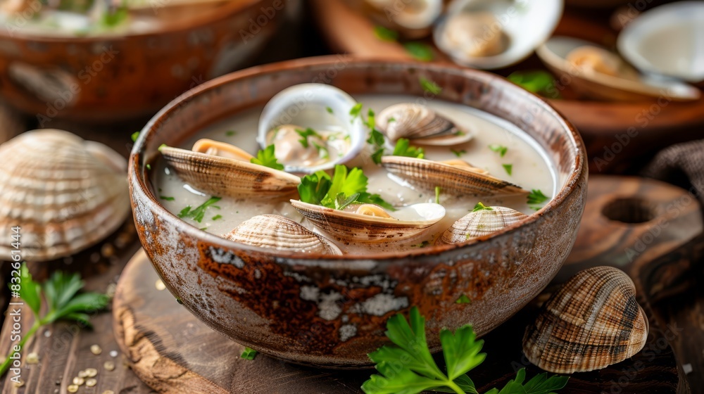 A tight shot of a bowl filled with clams and parsley in a wooden table setting Adjacent bowls of clams complete the scene A tight shot of a bowl filled with clams and parsley in a wooden table setting Adjacent bowls of clams complete the scene