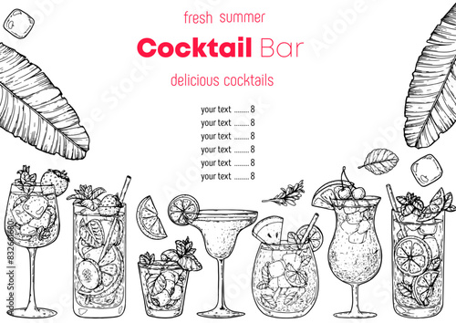 Alcoholic cocktails frame. Hand drawn vector illustration. Tropical Cocktails sketch set. Engraved style.