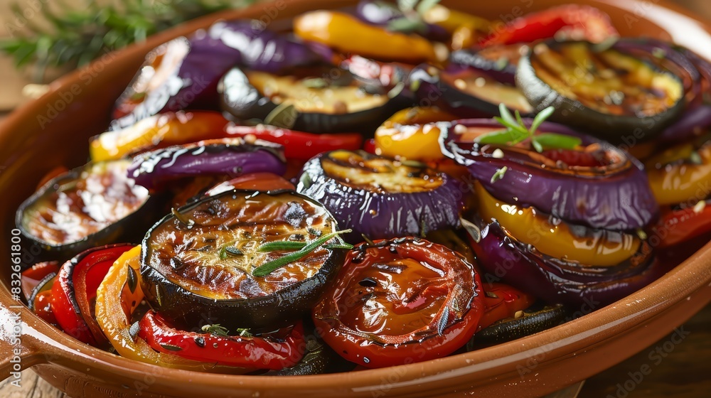  A bowledclose-up of tomatoes and eggplant atop a weathered wood table A sprig of rosemary rests in the bowl's center (35