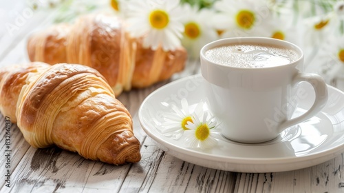  A cup of coffee and a croissant on a white saucer Behind  a wooden table holds a plate of croissants and daisies in the background