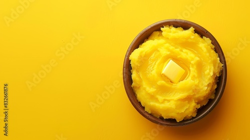  A yellow background showcases a bowl of mashed potatoes from above Atop the potatoes rests a cube of butter photo