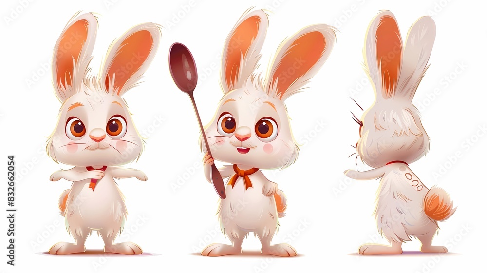 Obraz premium A series of rabbit cartoon characters are holding a black spoon, Generative AI illustrations. 