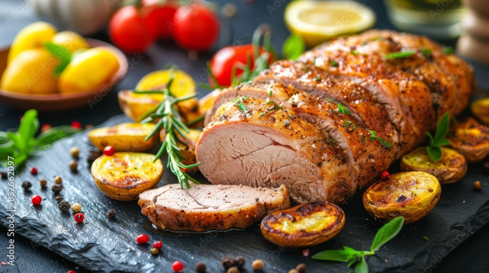 A large portion of meat sits atop a wooden cutting board Nearby, sliced potatoes and an array of fruits and vegetables are displayed A black slate board houses a bowl of le A large portion of meat sits atop a wooden cutting board Nearby, sliced potatoes and an array of fruits and vegetables are displayed A black slate board houses a bowl of le