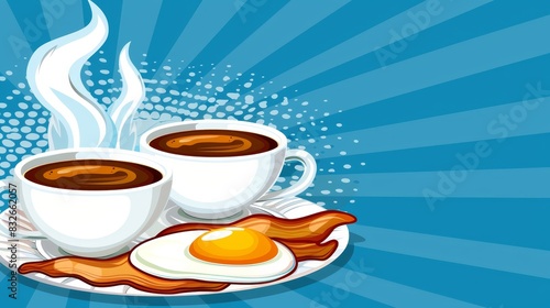  Two cups of coffee and a fried egg on a blue plate, surrounded by a burst of light from above, emanating from the mugs