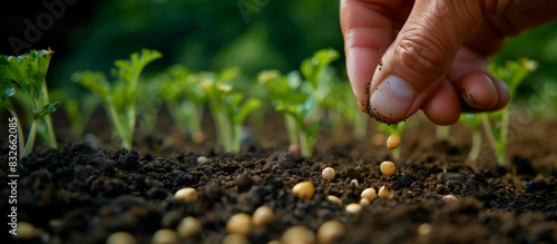 An elderly man is planting seeds in the garden. Close-up of a man's hands planting seeds in the soil. Spring work in the garden at the cottage. 