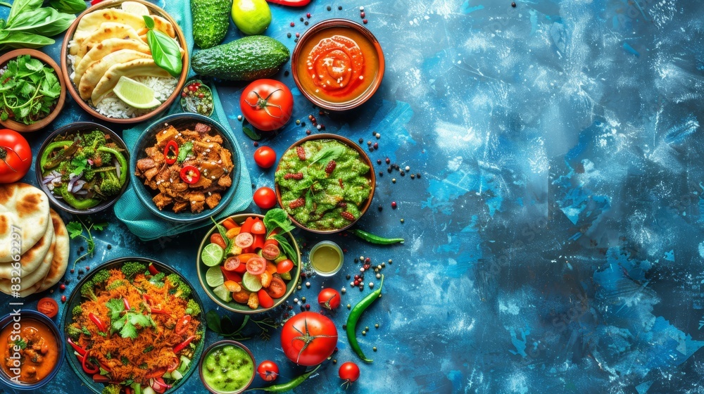 A table is set with bowls of food and a plate holding salads and pita bread The tablecloth is blue, and next to it lies a plate bearing tomatoes, c A table is set with bowls of food and a plate holding salads and pita bread The tablecloth is blue, and next to it lies a plate bearing tomatoes, c